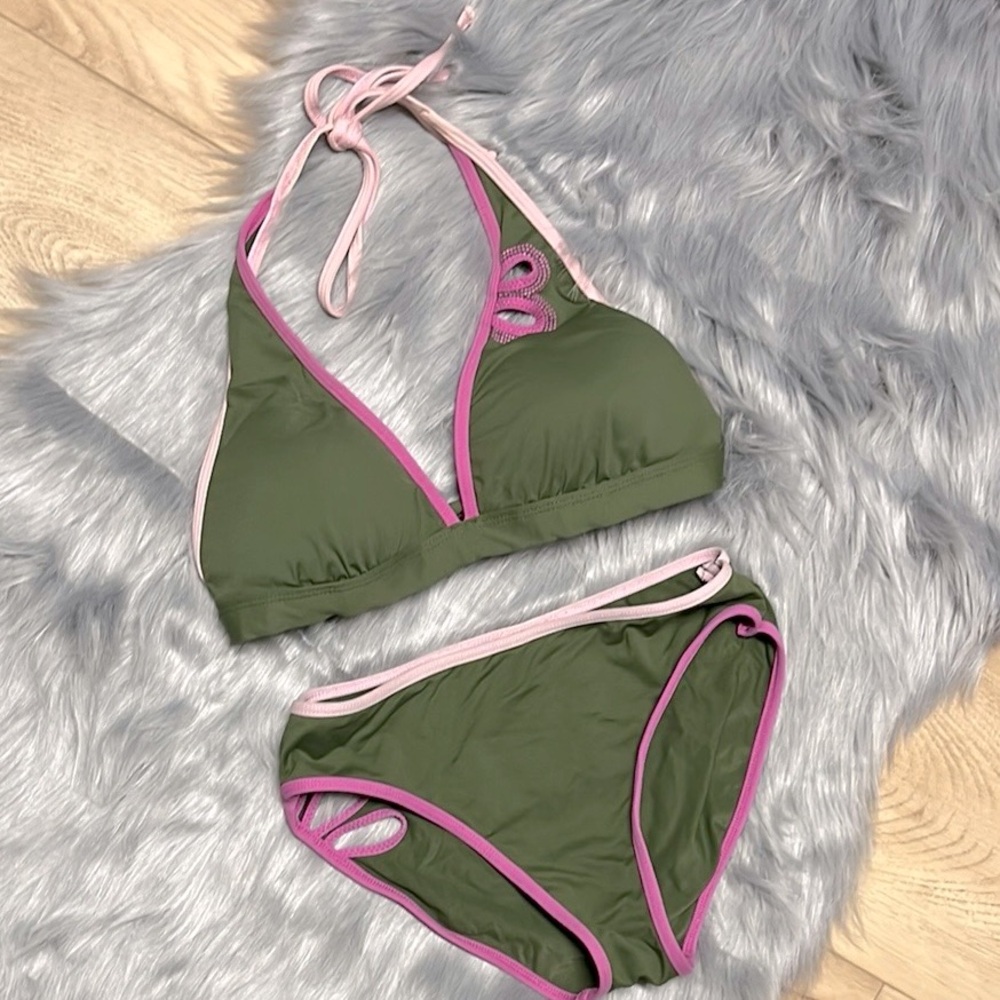 Kenneth Cole Olive Green and Pink Women's Bikini Set